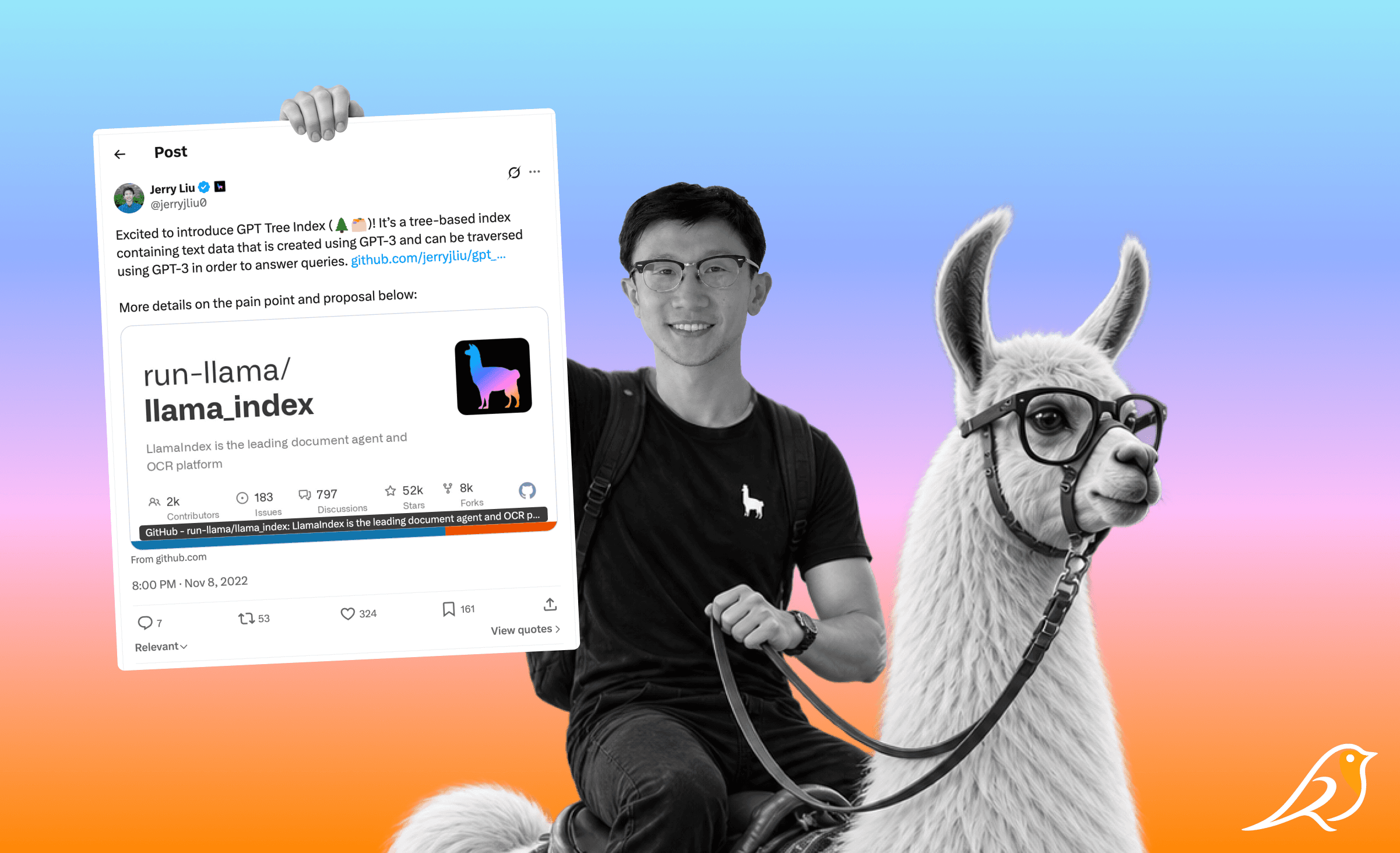 Jerry Liu on an illustrated llama wearing glasses, beside his original November 2022 tweet introducing GPT Tree Index