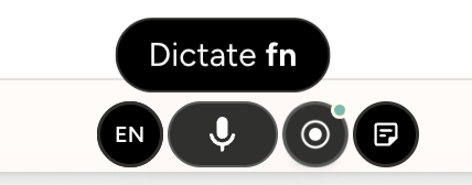 Wispr Flow's menu bar button expanded, showing the Dictate fn call to action, language selector, mic, and notetaker