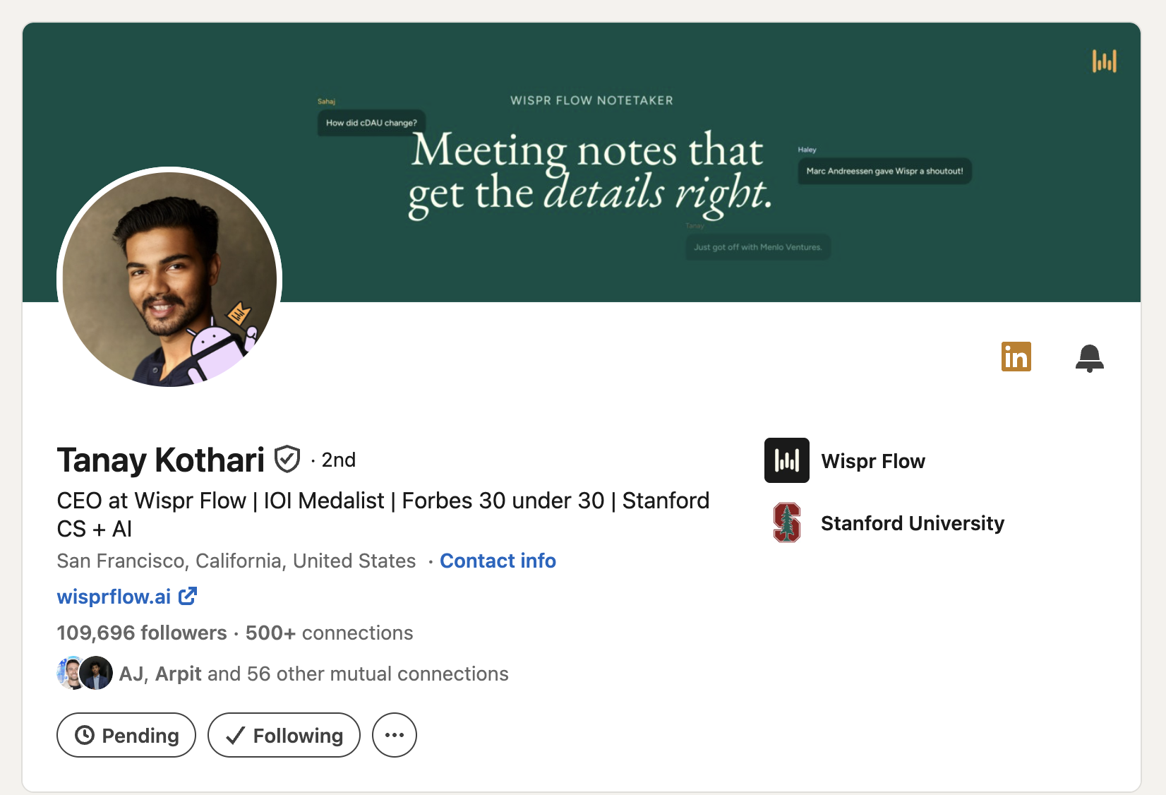 Tanay Kothari's LinkedIn profile